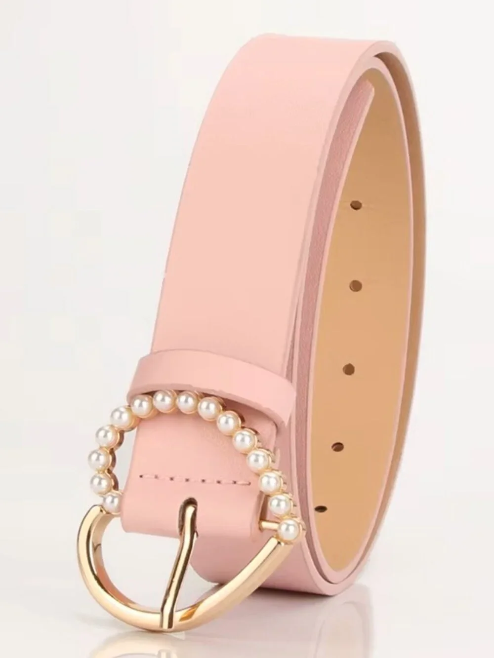 Pink Women’s Pearl Heart Buckle Waist Belt Fashion Dress Accessory Elegant Chic